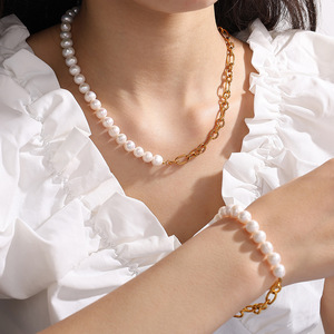 ชุดสร้อยคอเหล็กไทเทเนียมประดับมุกน้ำจืด สายลูกปัดสีขาว ใส่ได้ทุกวันสำหรับทุกเพศ - Product Image 4