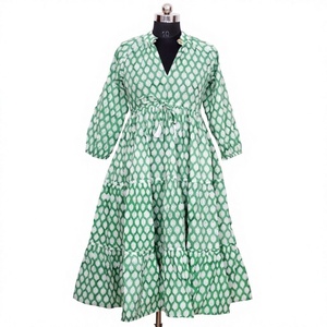 Robe mi-longue à imprimé géométrique vert, col en V, manches trois quarts, coupe ample, décontractée, en coton tissé, pour femmes, été - Product Image 1