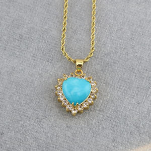 Chaîne en acier inoxydable plaqué or 18 carats NZ1490 avec chaîne en corde pavée de CZ, couleur jade vert aquamarine, cœur avec inscription chinoise de bénédiction, bon fu - Product Image 5