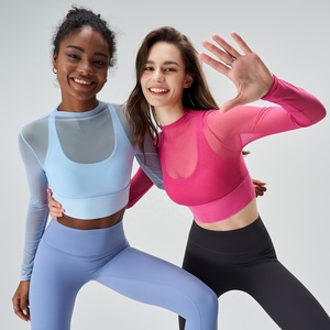 2024 logotipo personalizado malla manga larga ropa activa Fitness deporte Top Yoga Push Up Fitness Yoga <span class=keywords><strong>camisa</strong></span> envolvente camisas <span class=keywords><strong>de</strong></span> malla - Product Image 1