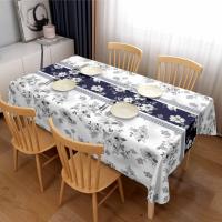 Nappe carrée bleu marine et blanche à motifs floraux, imperméable, anti-taches, nettoyable, en PU, pour table à manger