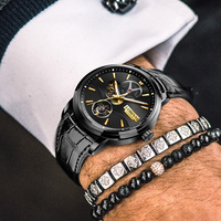 Untuk LOBINNI 2025 jam tangan mekanis pria, arloji dial Skeleton tahan air dengan tali kulit bercahaya untuk pria