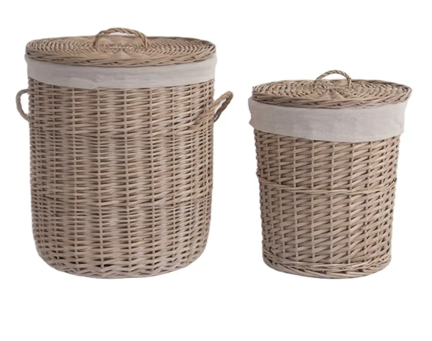 Japanese Hand-woven Wicker Storage Basket for Laundry Nursery Hamper with Covers and Handles and Linen Lining Home Organizer