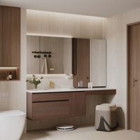 Meuble-lavabo double vasque flottant en bois massif foncé, style élégance française, avec vasque en pierre frittée et armoire miroir LED intelligente