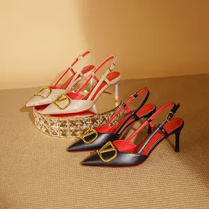 Fashion baru sandal hak tinggi wanita kancing V runcing hak tipis merah anggur seksi grosir sepatu hak tinggi