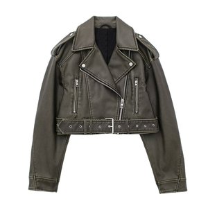 Abrigo de motociclista Retro con cremallera para <span class=keywords><strong>mujer</strong></span> con cinturón, ropa de calle, prendas de vestir, Chaqueta corta de piel sintética holgada Vintage de gran tamaño para <span class=keywords><strong>mujer</strong></span> - Product Image 5