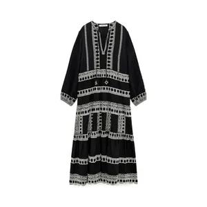 Mode Vrouwen Kleding Hoge Kwaliteit Kleding Fabrikanten Maxi Lange Casual Jurk Borduurwerk Elegante Kaftan Jurken Voor Vrouwen