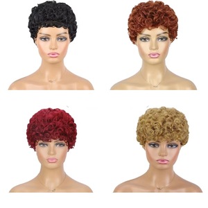 Perruque Courte Bouclée Noire <span class=keywords><strong>pour</strong></span> Femmes Africaines, en Fibre Haute Température, Faite à la Machine, Sans Dentelle, avec Filet Rose - Product Image 5