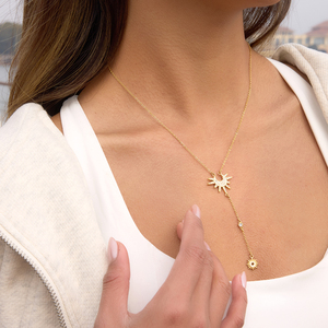 Collier en acier inoxydable plaqué or 18 carats PVD, pendentif Céleste Croissant de Lune, Soleil et Étoile, anti-ternissement, style Y Lariat Radiant - Product Image 6