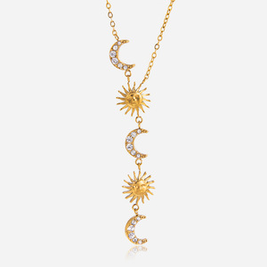 Collar con colgante de sol, luna y estrellas, cadena de diamantes de imitación en tono dorado, joyería de regalo para uso diario - Product Image 1