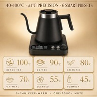 Bouilloire électrique à col de cygne en acier inoxydable noir, contrôle de la température, pour café filtre, 1L, sans fil, chauffe-eau rapide