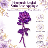 Applique de rose en satin perlé violet faite à la main, patch brodé floral à coudre pour vêtements, sacs, décoration intérieure, artisanat DIY