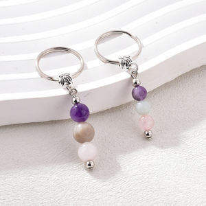 Juego de 2 uds. naturales hechas a mano de piedras preciosas, llavero con cuentas de acero inoxidable para aliviar la ansiedad, llavero con piedras curativas, colgantes de moda - Product Image 2