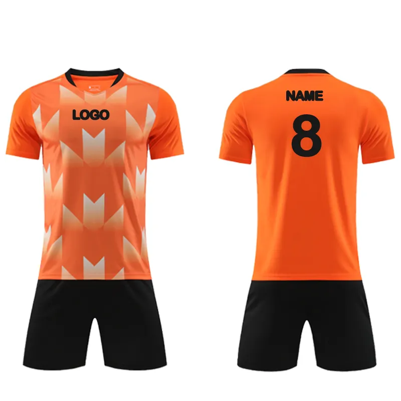 Laranja e preto sublimado poliéster Soccer Jersey com logotipo personalizado e tecido respirável durável