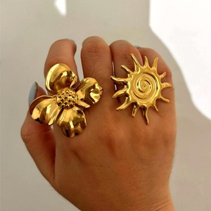 Anneaux ouverts ajustables en acier inoxydable plaqué or 18 carats, certifiés anti-ternissement, tendance, avec motif de cœur, de fleur, de soleil et de lune, pour les fêtes - Product Image 3
