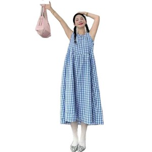 Women's Summer Korean Style Casual Mid Length Vacation <b>Dress</b> Light Blue Plaid V Neck <b>Elastic</b> Waist Breathable Leisure <b>Dress</b> - Product Image 5