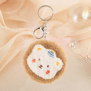 Cute Round Plush Bear Compact Mirror Keychain Fuzzy Birthday Party Hat Bear Charm Purse Pendant <b>Pocket</b> Mirror Multi Colors Bulk - Product Image 1