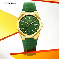 SINOBI Luxus-Quarzuhr mit Grünem Zifferblatt für Herren, Vergoldet, Sportliches Silikonarmband, Stahlschließe, Modische Herren-Armbanduhr