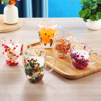 Mug à café en verre à double paroi réutilisable de 250 ml/350 ml avec poignée, design fleurs séchées, pour la maison et le bureau