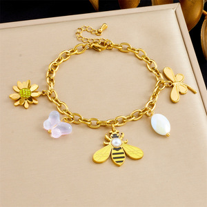 Gold Plated Charm Bracelet With Bee Butterfly Flower Pendant Zinc Alloy Women's Jewelry Gift Accessory - Product Image 1