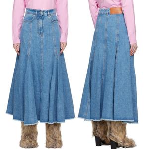 Hot Sell Pleated Raw Edge at Flared Hem Non-stretch Cotton & Hemp-blend Denim Long Skirts Women Sexy - Product Image 1