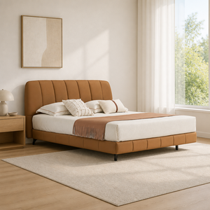 Lit contemporain rembourré avec tête de lit capitonnée à cannelures, cadre plateforme en cuir rembourré, pieds en métal, taille King pour chambre principale - Product Image 2