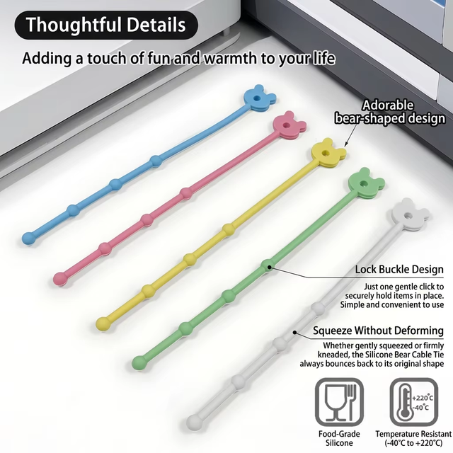 Food Grade Silicone Cable Ties Reusable Cute Bear Cord Organizers