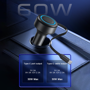 60w Max USB-C Fast Car Charger LED Digital Display Type C portable multi port retractable usb phone car charger - Product Image 3