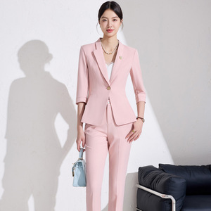 Pink Women's Suit Set Solid Color Polyester Blazer Dress Anti-Wrinkle <b>Work</b> Business Attire Spring Autumn 2025 Style - Product Image 3