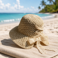 Topi Bulu Buatan Tangan Musim Panas Wanita, Topi Bucket Pelindung Sinar Matahari yang Dapat Disesuaikan, Topi Pantai Fedora Kecil, Penutup Matahari Lipat