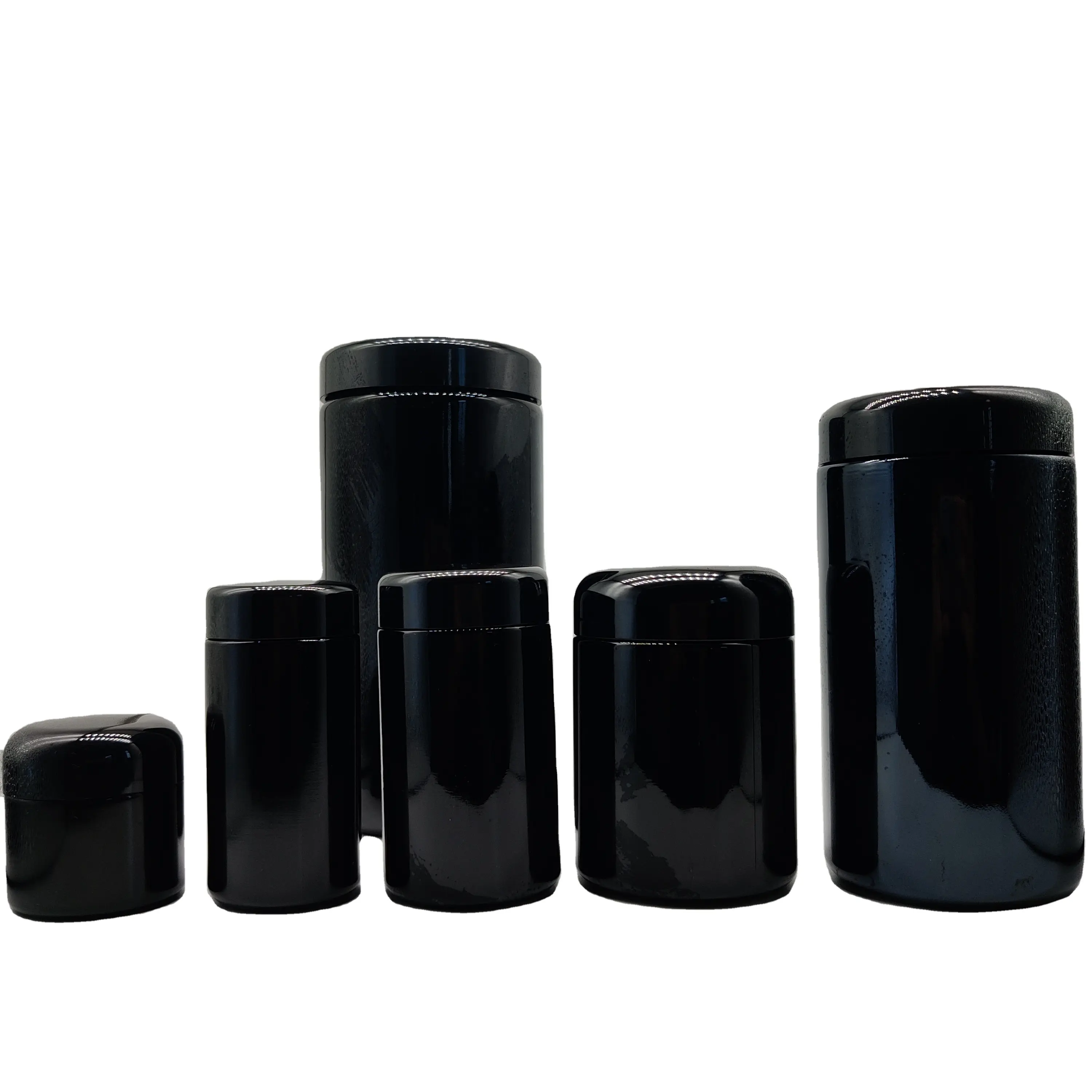 Auf Lager 100g-1kg 4 oz6oz8oz10oz18oz36oz Dark Violet Cosmetic Black Glass Stash Gläser für Tee