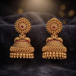 Boucles d'oreilles pendantes plaquées or antique pour femme, motif cloche religieuse vintage, idéales pour mariage et fête, avec sertissage en alliage et rubis. - Product Image 3