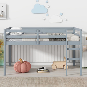 เตียงสองชั้นสีเทาสำหรับเด็ก พร้อมราวกั้นและบันไดสำหรับห้องนอน - Product Image 2