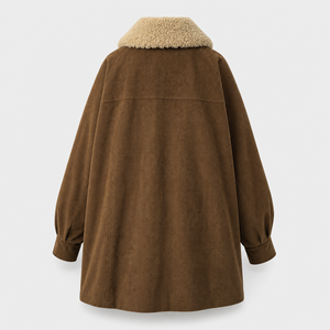 Women's <b>Brown</b> <b>Corduroy</b> Long <b>Jacket</b> With Fur Trim Collar Utility Style Full Sleeve Patch Pockets Autumn Winter Wear - Product Image 3