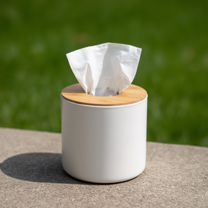 Round Bamboo Tissue Box White Ceramic With Wooden Lid For Daily Use - Product Image 3