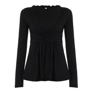 Camiseta Elegante y Transpirable de Punto Sólido con Cuello en V y Estampado Digital - Product Image 6