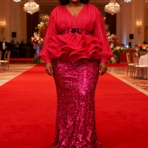 ชุดเซ็ตแฟชั่น 2 ชิ้น สไตล์แอฟริกัน เสื้อแขนกระดิ่ง คอวี แต่งระบายชายเสื้อ ผ้ามันวาว พร้อมกระโปรงปักเลื่อมเอวสูงสำหรับผู้หญิง - Product Image 6