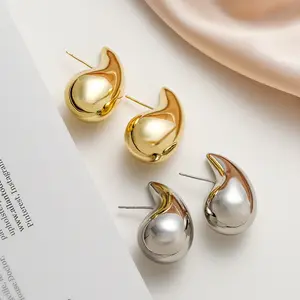 Anting-anting kancing tetesan air untuk wanita, anting-anting kubah tetesan air mata emas modis tidak pudar perhiasan berlapis kuningan untuk wanita