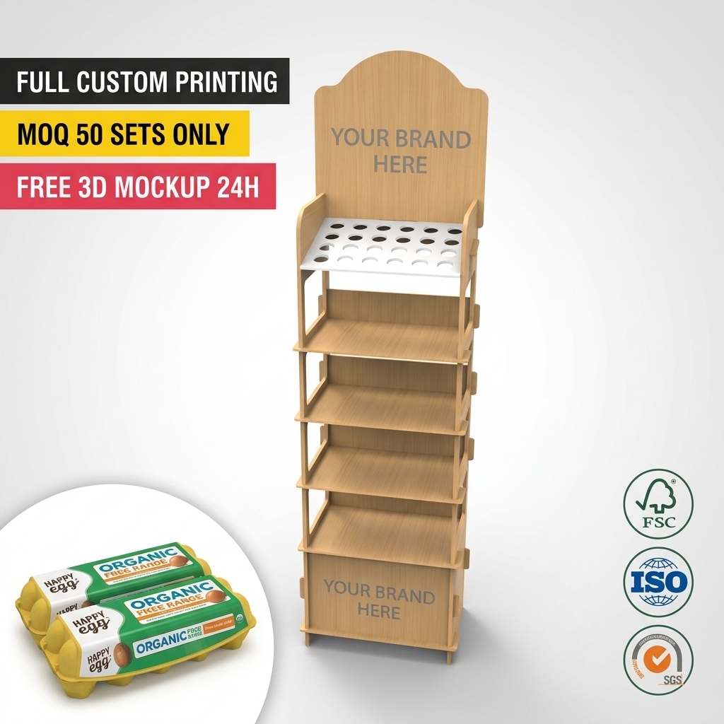Wholesale Custom 6 Tier Wooden Egg Display Stand Retail Fresh Food Ingredient Rack with Top Egg Holes Floor Wood Grocery Shelf — view 1