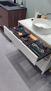 Warna kayu Modern 2-laci kamar mandi Vanity kabinet Set keramik wastafel tembaga Gratis cermin lembut dekat Laci tahan air - Product Image 3