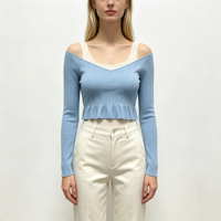 Pull décontracté de haute qualité pour femme, couleur bleue, épaules dénudées, à manches longues et pointelle, personnalisable OEM & ODM, vente en gros