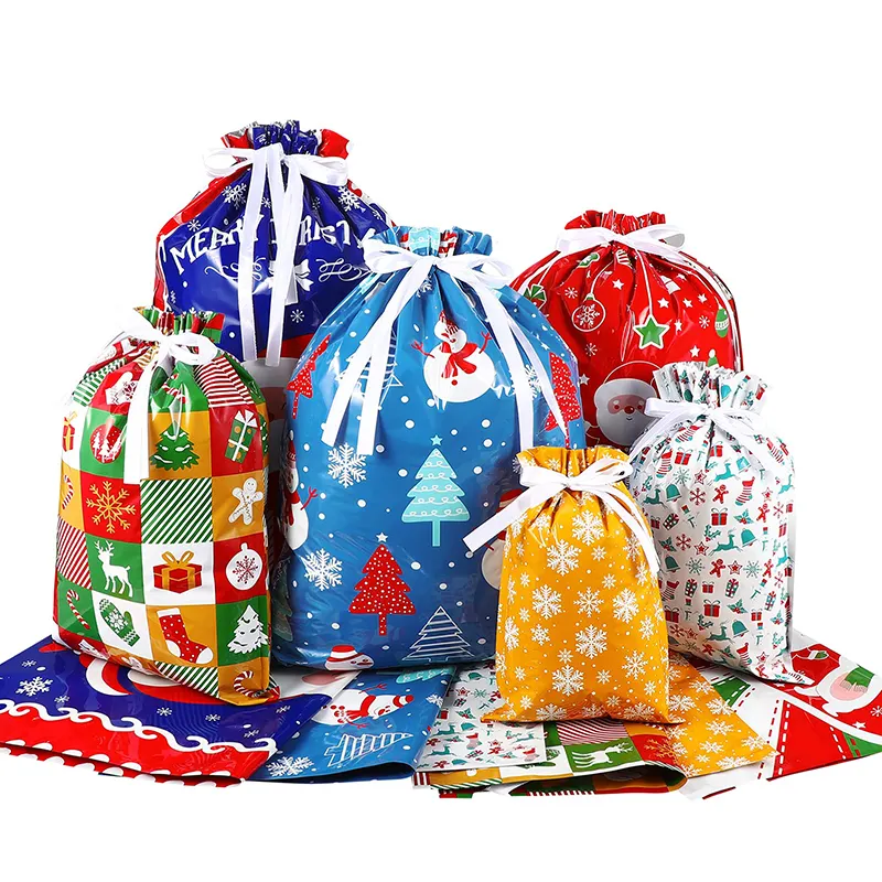 2022 Hot Sale Christmas Drawstring Bag Gift Packaging Bag Plastic Christmas Decoration Supplies Santa Candy Bag
