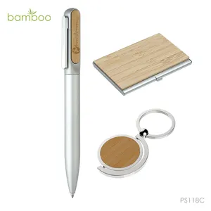 Promotional Bamboo Ball Pen Bamboo Name Card Holder And Keychain With Gift Box Eco Gift Set