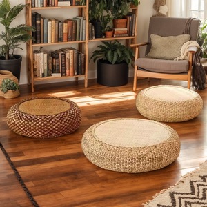 Pouf Rotondo in Giacinto d'Acqua Intrecciato a Mano, Sgabello Artigianale in Rattan, Cuscino da Pavimento per Soggiorno, <span class=keywords><strong>Balcone</strong></span> e Arredamento Casa - Product Image 2