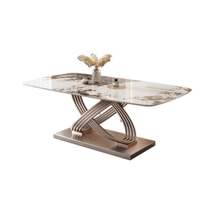 Hiện đại sang trọng hình chữ nhật bằng đá cẩm thạch hàng đầu bàn ăn ghế Bộ 4 6 chỗ ngồi kim loại vàng hồng đồ nội thất thiết kế đẹp <span class=keywords><strong>2025</strong></span> - Product Image 6