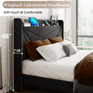 <span class=keywords><strong>Letto</strong></span> Moderno Imbottito Nero con Luci LED, Cassetti Contenitore e Mensola sulla <span class=keywords><strong>Testiera</strong></span> per Camera da <span class=keywords><strong>Letto</strong></span> - Product Image 3