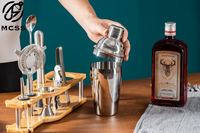 Kit de barman en acier inoxydable réutilisable de qualité supérieure, 10 pièces (fini naturel), ensemble d'outils de bar avec support en bambou pour cocktails à domicile