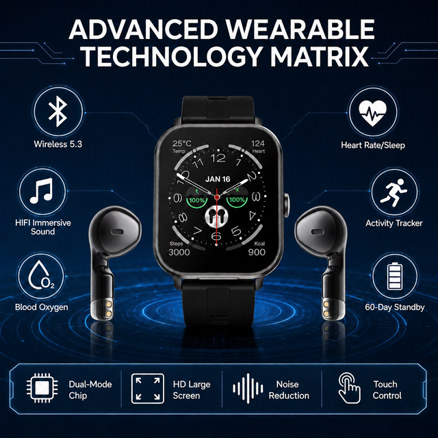 Smart Watch with TWS Integrated Wireless Earbuds IP67 Waterproof Heart Rate SpO2 Monitor 60D Standby Sport Smartwatch for Men