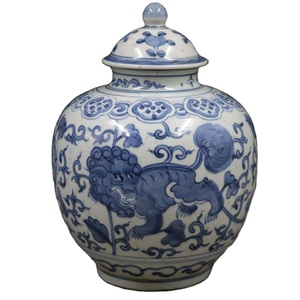 仿古白色和蓝色陶瓷复古姜罐，带盖装饰 - Product Image 3