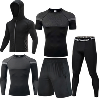 Ensemble de sport 5 pièces pour hommes : Veste à capuche, T-shirt de compression à manches courtes avec empiècements en mesh, Collants et Shorts respirants et anti-humidité